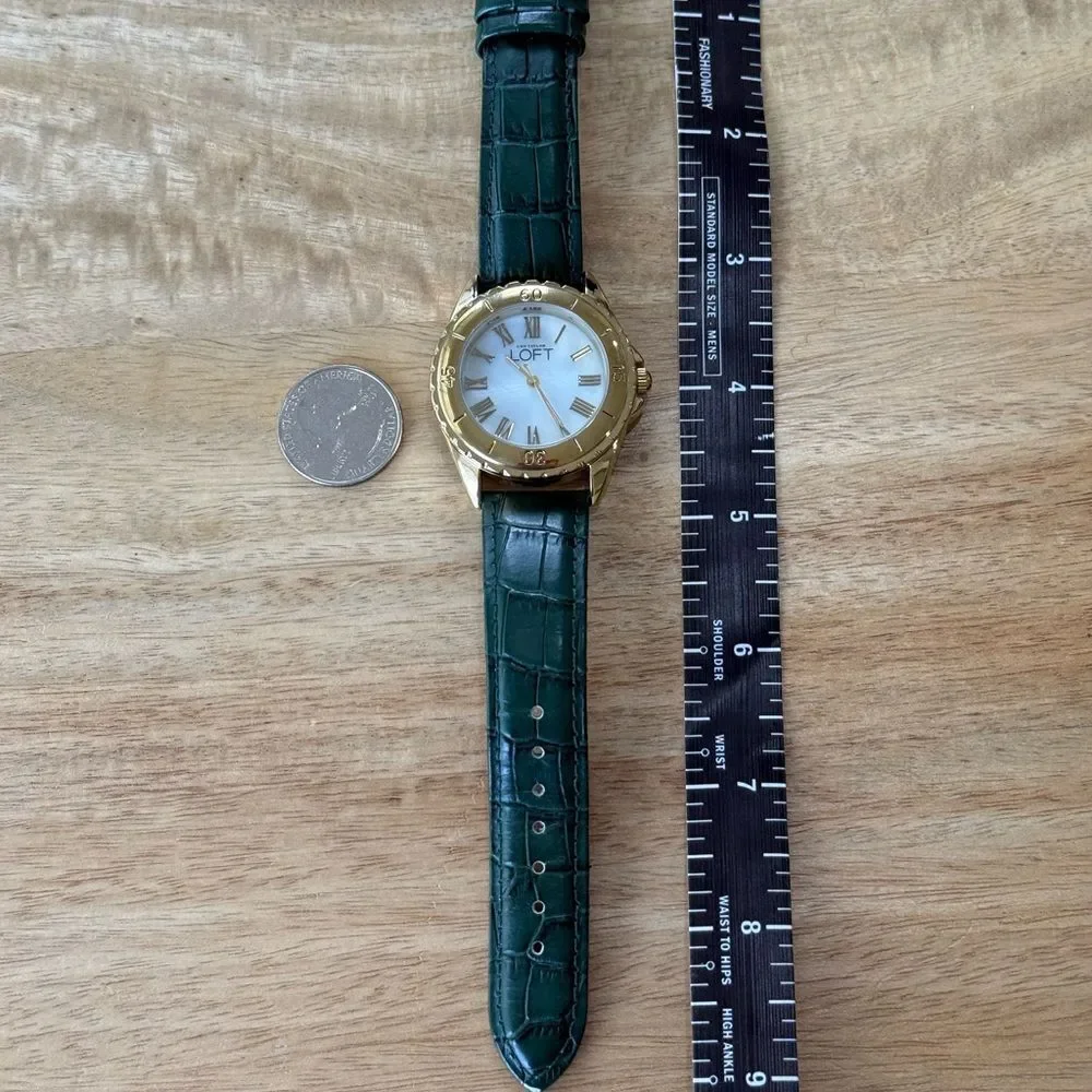 LOFT Gold Tone Green Croc Leather Band Watch Mother Of Pearl Face NWOT